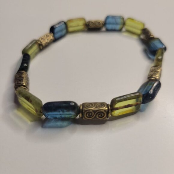 NWT Mens Olivine Picasso Premium Czech Glass Table Cut Bead Stretch Bracelet USA - Picture 9 of 11